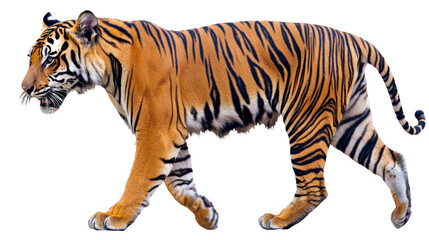 Obraz premium Majestic Bengal Tiger Walking Through a Dense Jungle Environment in Full Profile View