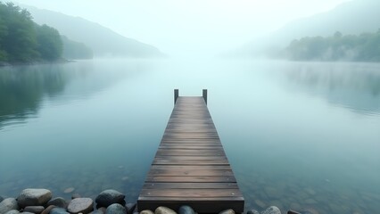 Naklejka premium Misty Lake Scene with Wooden Dock, Calming Water and Forest Backdrop on a Foggy Day