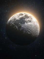 Fototapeta premium Dramatic lunar surface with glowing halo in deep space starry night sky celestial sphere view