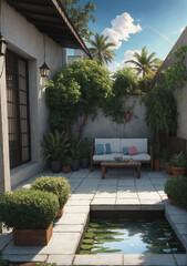swimming pool in hotel with couch 