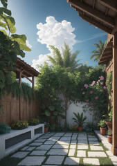 tropical garden with palm trees and stone tiles with vegetation poking through