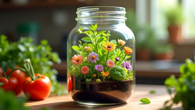 Miniature Garden Terrarium with Colorful Flowers and Vegetables in a Glass Jar