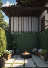 Firepit seating area in the garden with chairs surrounding it and overhead cover