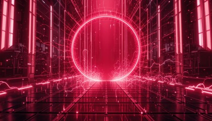 Obraz premium Vibrant Red Futuristic Brain Glowing Lines, Electric Sparks, and a Circular Portal