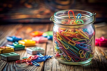 Fototapeta premium Vintage Glass Jar with Colorful Paper Clips and Stationery - Documentary Photography Style