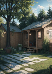 old house in the park with wooden walls and light from inside