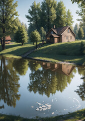 house on the lake with closeup of the water in the foreground and rolling green hills with tall lovely green hills