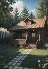 old wooden house in the forest with blooming floral bushes and pine trees behind it