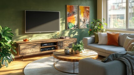 A modern living room with a warm color palette, featuring a light gray sofa and deep green walls