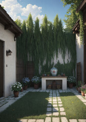 house in the garden with little table holding a pot and plants all over
