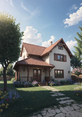 house on the hill with gorgeous windows, bright sun in the background shining light on trees through white puffy clouds