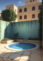 Jacuzzi with teal wall covered in plants behind it and tall building with tons of buildings behind it