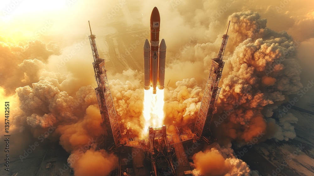 Poster rocket lifts off from the launch pad amid massive clouds of smoke and fire, demonstrating cutting ed