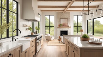 Fototapeta premium A digital art illustration of a modern open-plan kitchen and living room, kitchen with wooden cabinets and white marble countertops, living room with a white sofa and wooden table