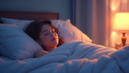 Peaceful Night: Young Woman Sleeping Comfortably in Her Bed at Home