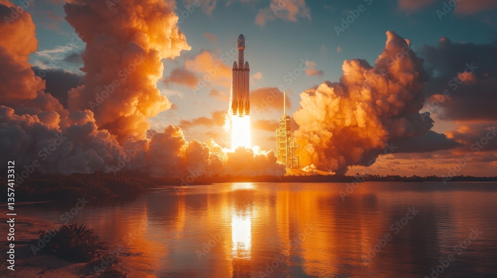 Poster a rocket ascends into the atmosphere amidst vibrant colors of the sunset, surrounded by billowing cl