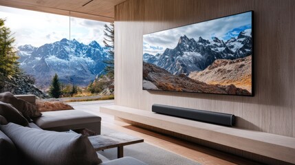 A modern living room with a wall-mounted TV showing a majestic mountain range