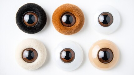 Six Artificial Eyes in Various Colors and Textures on White Background