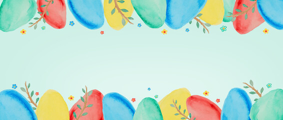 Happy Easter. Colored eggs and flowers watercolor.  Greeting card with watercolor eggs on pastel green colors background. Banner.