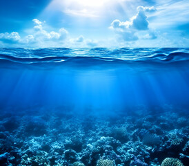 Fototapeta premium Beneath the serene surface, vibrant coral reefs thrive, showcasing nature's beauty and the importance of ocean conservation.