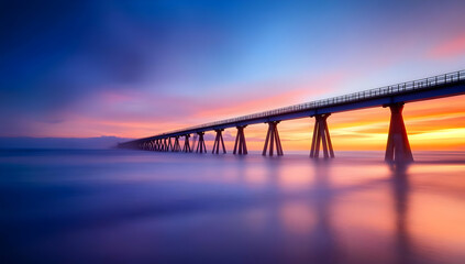 Breathtaking sunset over a calm sea with a long pier extending into the horizon, creating a serene and picturesque landscape scene.
