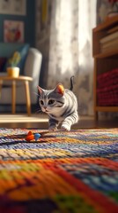 Curious housecat intensely focused on a small toy mouse while basking in warm afternoon light