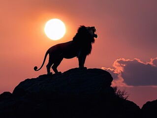 Naklejka premium Roaring Lion at Sunset: A majestic lion roars atop a rocky outcrop, silhouetted against a vibrant sunset sky. The king of beasts declares his presence.