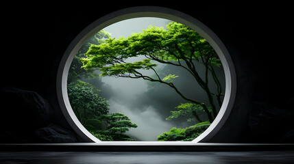 Fototapeta premium Glowing Green Tree Framed in Stone Archway