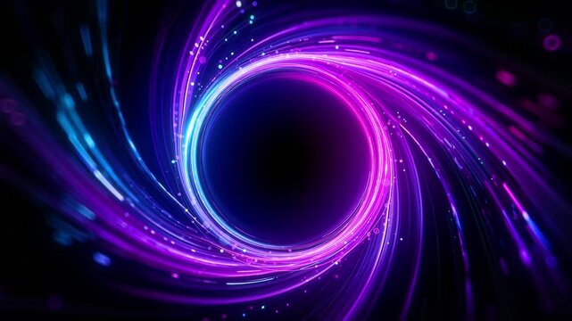 Glowing swirling vortex of vibrant light trails in blue, purple and pink color on a dark background. Concept of big data, block chain and digital technology. Template with free copy space for text. - Powered by Adobe