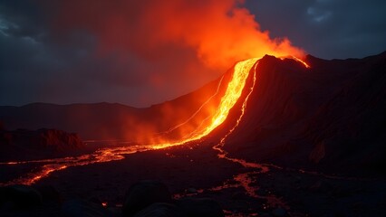 Fototapeta premium Dramatic volcanic eruption with glowing lava flowing down mountain into arid landscape