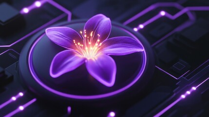 Futuristic glowing flower on circuit board