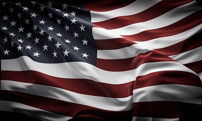 A waving American flag, predominantly in black and white tones. The flag features a series of alternating red and white stripes, with a blue field adorned with white stars. 