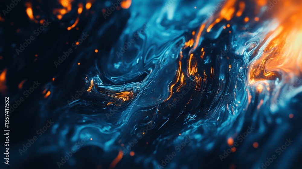 Poster abstract macro texture with dark blue hues and vibrant orange light creating a dynamic artistic patt