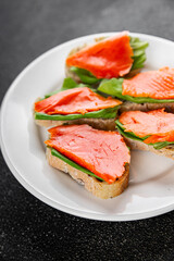 Salmon sandwich red fish seafood appetizer dish fresh tasty gourmet food background on table rustic food top view copy space pescetarian diet