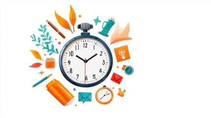 Colorful drawing of Clock Surrounded by Study and Work Objects