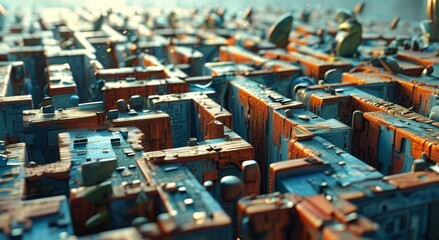 Abstract 3D cityscape with vibrant colors and intricate details  