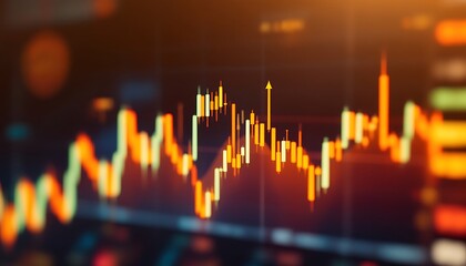Close up view of a financial chart with an upward arrow and candlestick patterns in orange and yellow hues