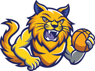 Fierce Yellow Bobcat Mascot Holding Basketball – Dynamic Sports Team Logo with Navy Blue Outline