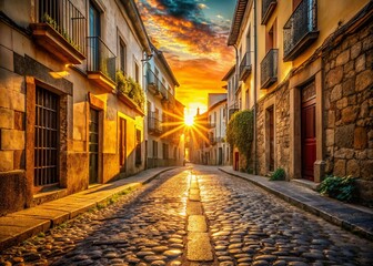 Fototapeta premium Vintage Spanish Street Scene: Sun-Drenched Architecture and Cobblestone Streets