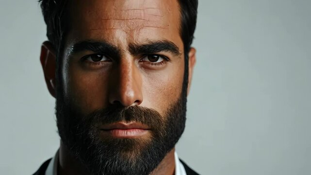 Strong gaze of a man with a beard against a neutral background showcases confidence and poise in a professional setting