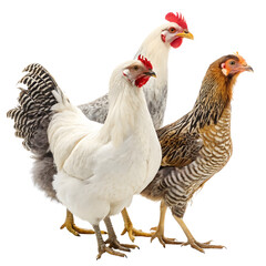 Fototapeta premium Three hens, a white one, a speckled brown one, and a gray one, stand together in a heartwarming display of rural life against a clean on white or transparent background