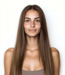Fototapeta premium A Portrait of Natural Beauty: A captivating portrait of a woman with long, flowing hair, radiant skin, and a genuine smile, portraying natural beauty and authentic confidence.