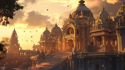 A digital art illustration of a grand ancient temple with intricate architecture and detailed carvings, a sunset sky in the background with orange and purple gradients