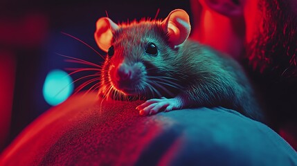 Cute Pet Rat with Long Whiskers Sitting on Shoulder Looking Gentle and Friendly