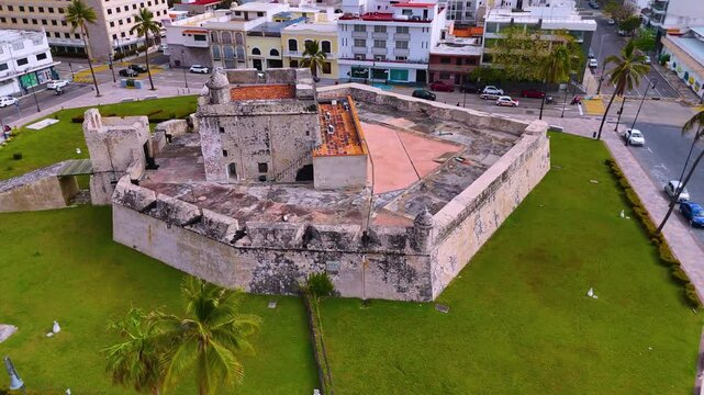 Veracruz, Mexico. February 25, 2025: video overflying the Baluarte de Santiago, a military building from 1635 that formed the integral wall that surrounded the city.