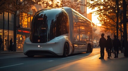 Obraz premium An electric truck travels through a vibrant city street at sunset, showcasing modern design. Pedestrians walk along the sidewalk, emphasizing urban logistics and transportation.