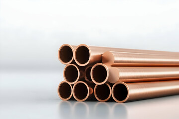 Close-up of copper pipes stacked together, showcasing their smooth surface and circular openings, ideal for plumbing projects.