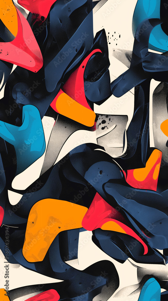 Poster abstract composition: a vibrant and dynamic abstract composition bursts with colorful shapes, evokin