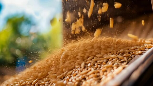 Grains cascading from a wooden hopper in an outdoor agricultural setting during daylight hours