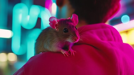 Cute Rat Looking Curiously with Big Eyes and Tiny Paws on a Shoulder
